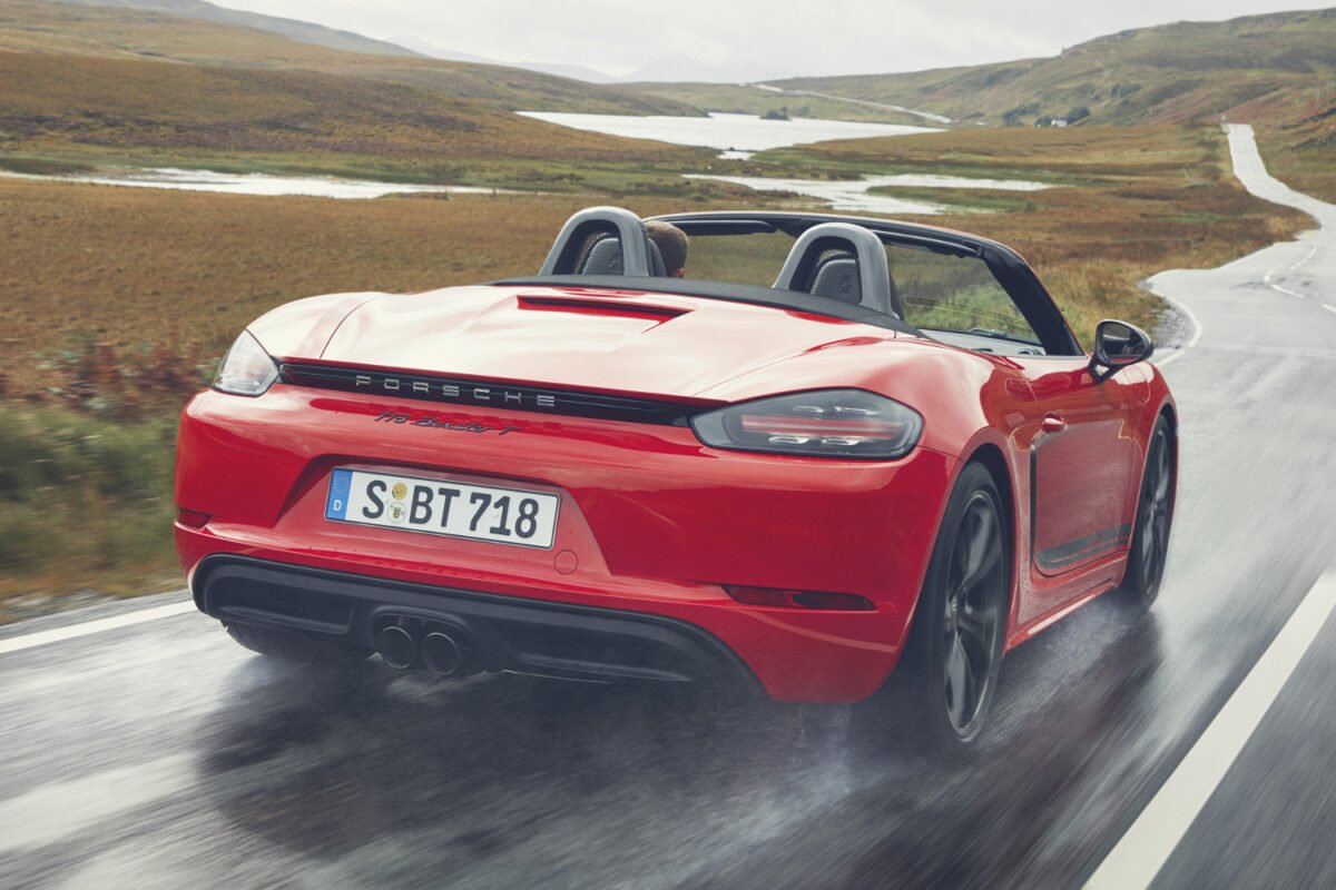 2020 Porsche 718 Boxster T on the road rear view