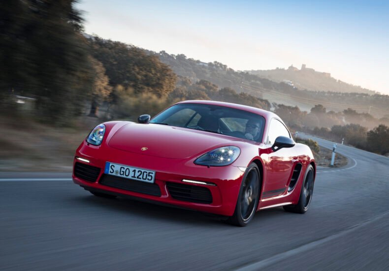 2020 Porsche 718 Cayman T on the road front