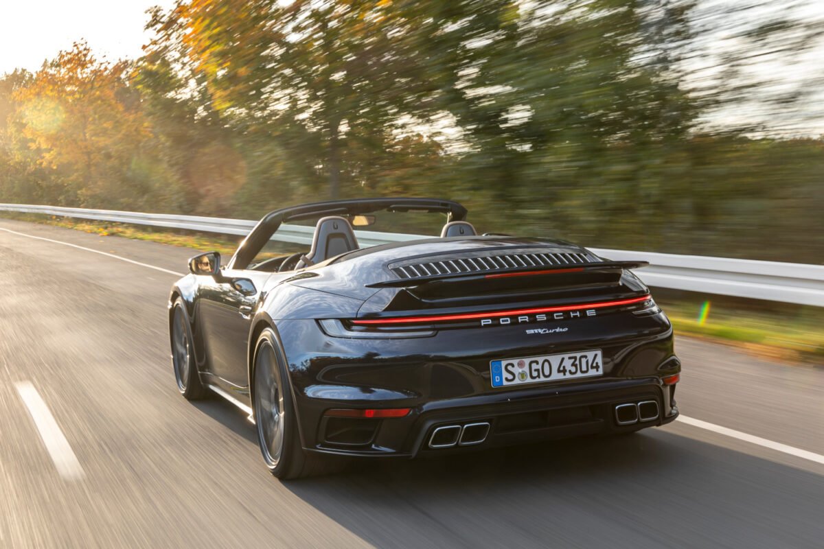 2021 Porsche 911 Turbo Cabriolet on the road rear